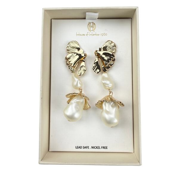 NWT HOUSE OF HARLOW 1960 Gold Tone Leaf Faux Pearl Dangle Drop Earrings - Picture 5 of 8
